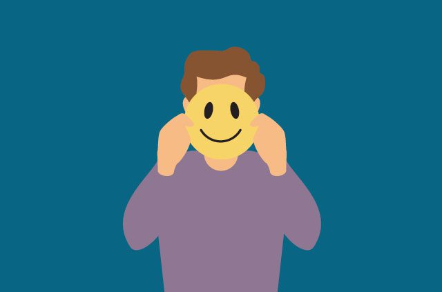 An illustration of a man wearing a smiley-face mask.