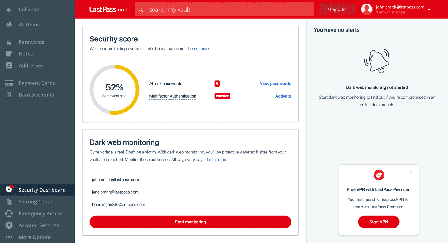 LastPass dashboard with ExpressVPN logo.