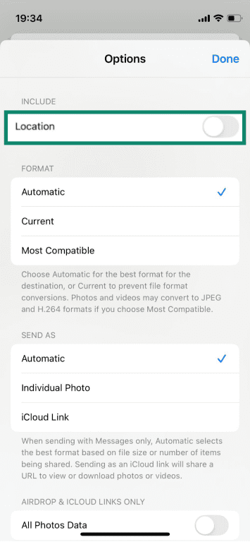 Turning location off when sharing a photo on iPhone.