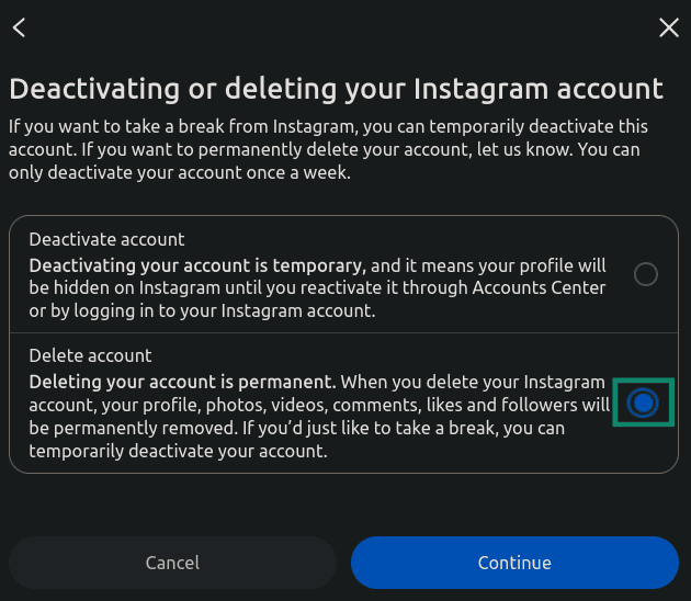 "Delete account" option highlighted in the Instagram account settings.