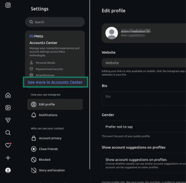 "See more in Accounts Center" option highlighted in the Instagram settings.