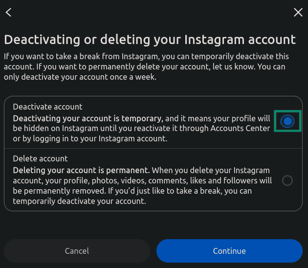 "Deactivate account" option highlighted in the Instagram account settings.