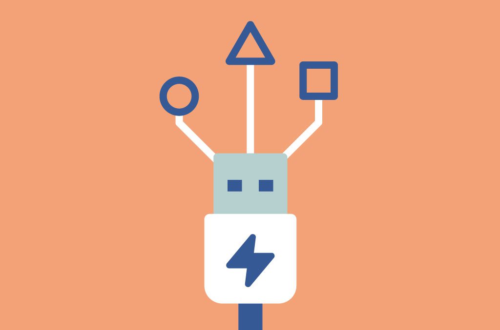 Ein USB-A-Kabel mit einem Kreis, einem Dreieck und einem Quadrat darüber, denn übertragene Daten beim Laden bergen ein Risiko für die Smartphone-Sicherheit.