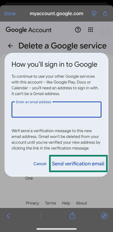 Send verification email option under How you'll sign in to Google on iOS.