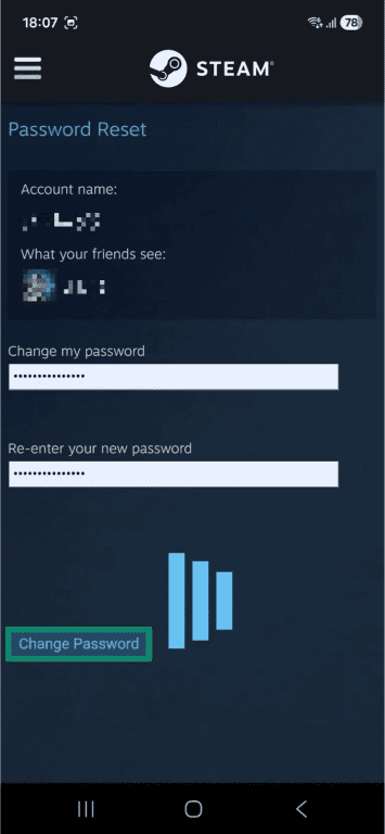 Steam "Password Reset" page on an Android phone. The "Change Password" button is highlighted.