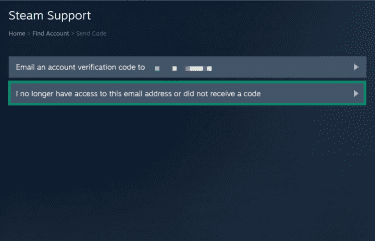 A Steam support page. The button signaling loss of access to a linked email address and verification codes not being sent is highlighted.