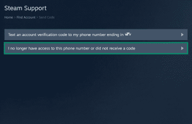 Steam support page for account recovery. The "I no longer have access to this phone number or did not receive a code" button is highlighted.