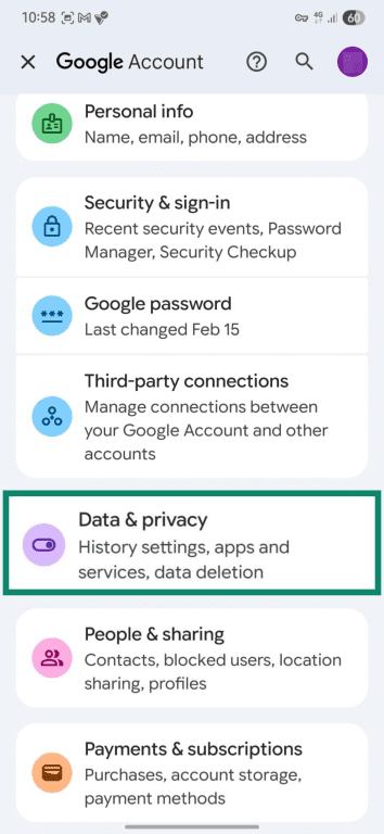 Data and privacy settings on an Android Google account.