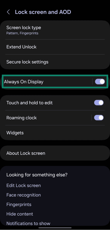 Ensuring the Always On Display is enabled in Samsung's settings