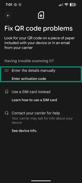 Set up eSIM on Android using activation code.