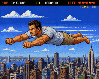 AI art using pixel style, to make the image appear as if were taken from a retro video game.
