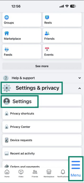 Facebook's Settings menu.