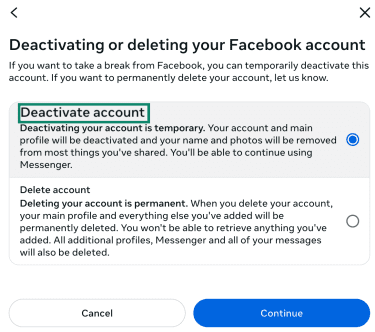 Option to deactivate Facebook account.