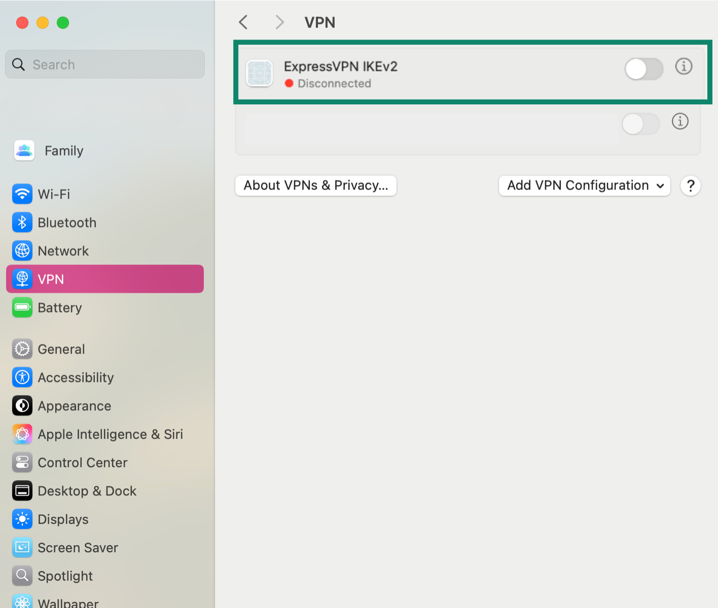 A screenshot of the VPN settings on a Mac, showing the option to toggle the VPN connection off or on.