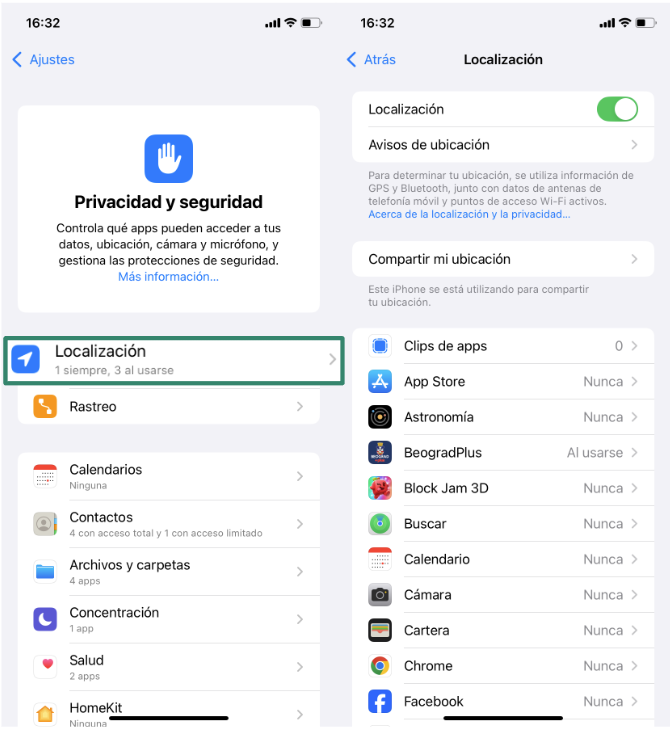 iPhone Privacy & Security settings showing Location Services menu.