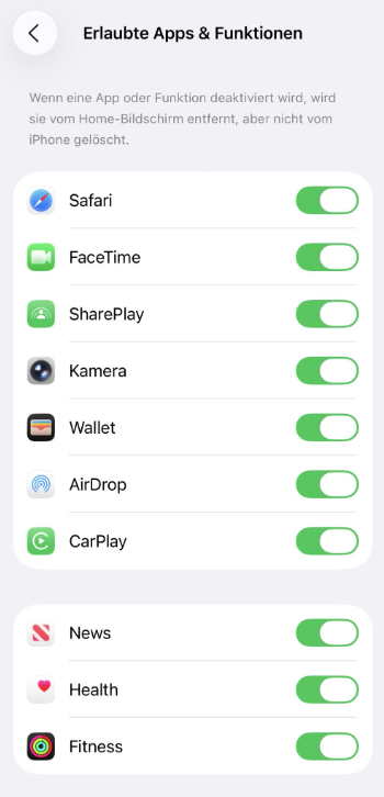 toggle settings for allowed apps and features on iPhone.