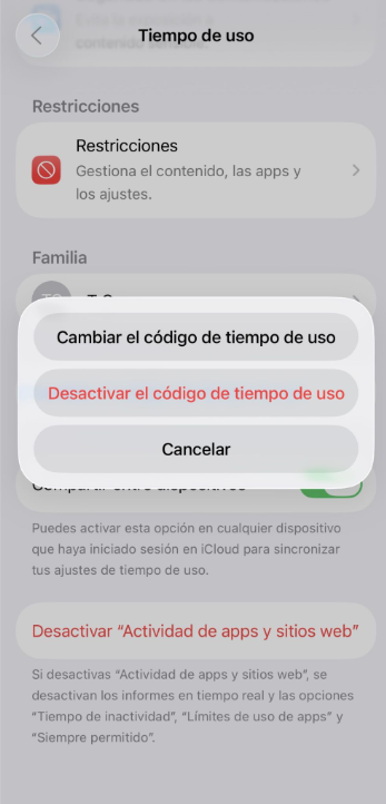 Options to change or turn off Screen Time passcode on iPhone.