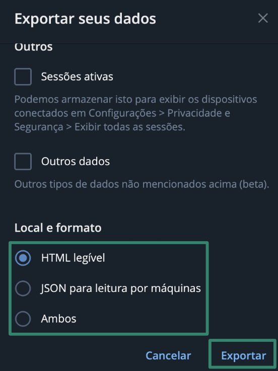 Choosing preferred data format when downloading Telegram data.
