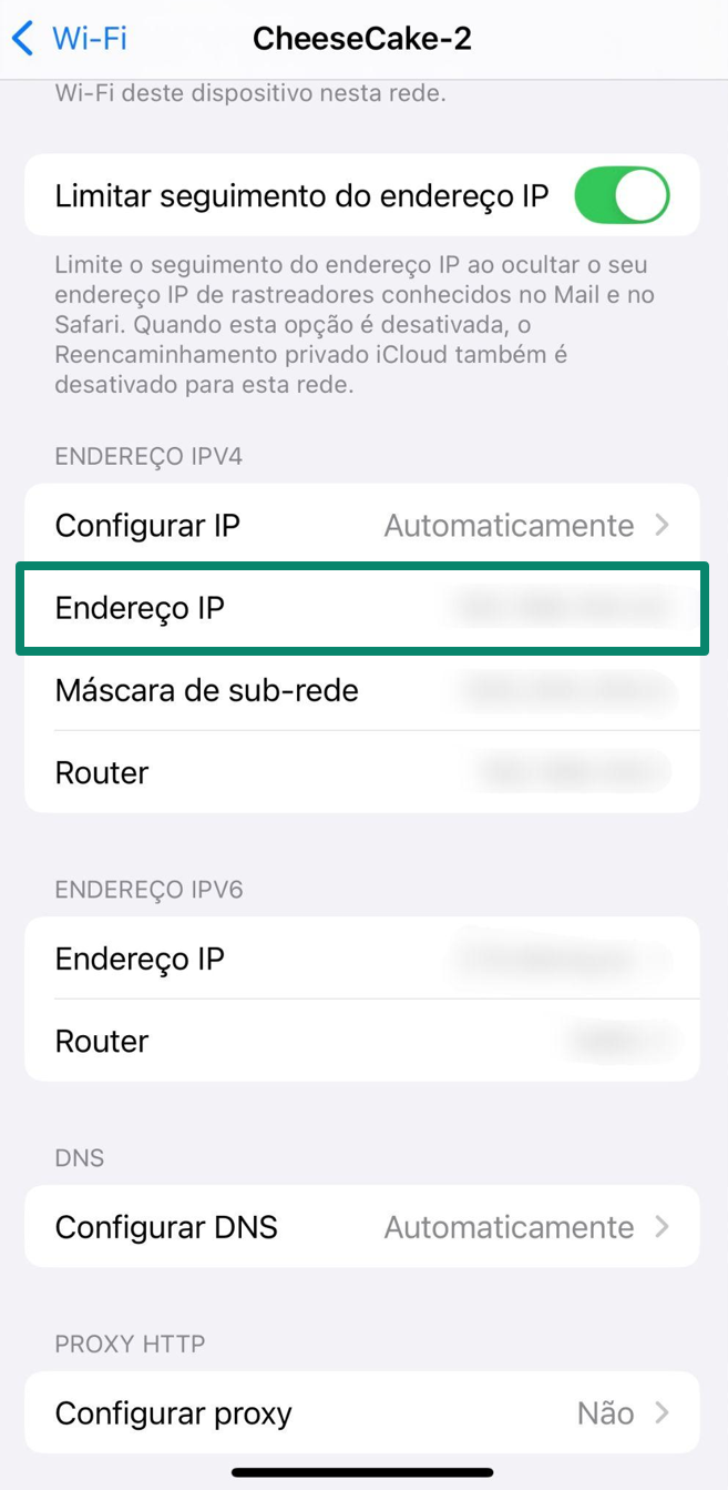 WiFi network options on iPhone with IP address and router info