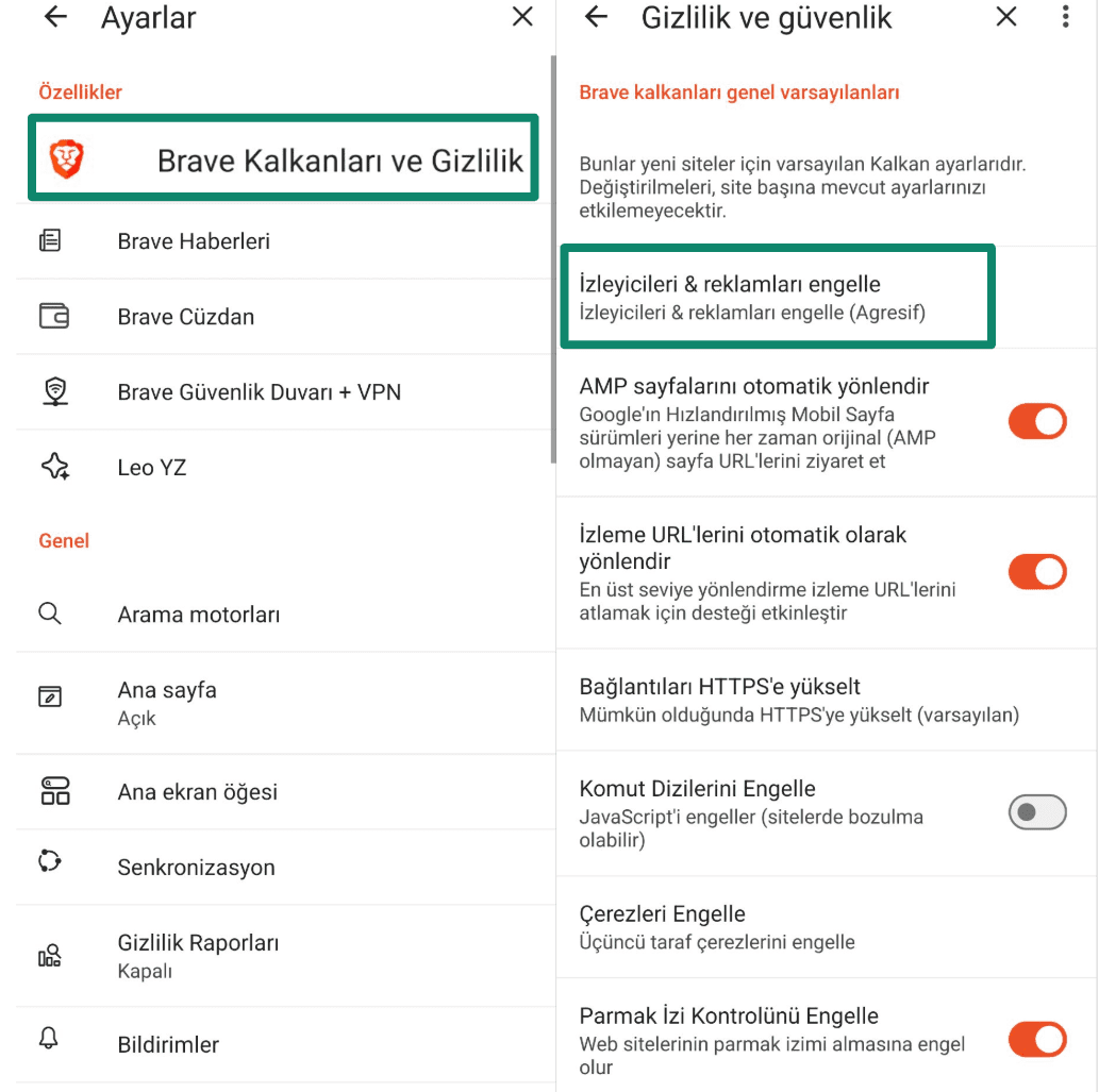 Brave browser privacy settings to block ads and trackers on Android.