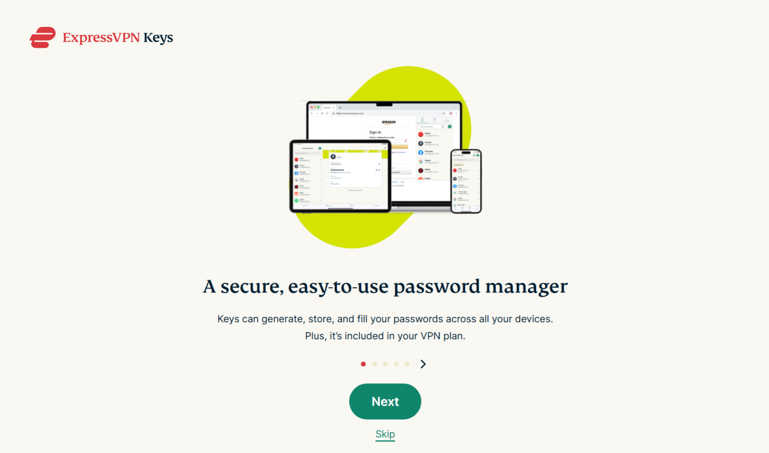 The setup page of the ExpressVPN Keys extension.