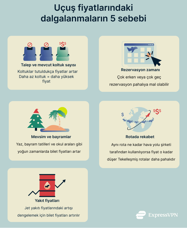 An infographic listing the reasons flight ticket prices fluctuate