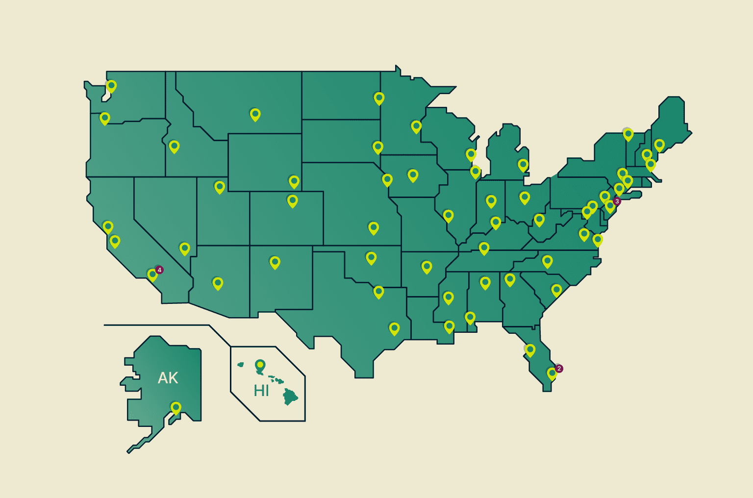 Graphic map of United States of America showing locations in all 50 states