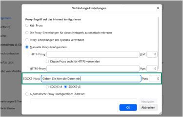 The Firefox Connection Settings menu with SOCKS Host highlighted.