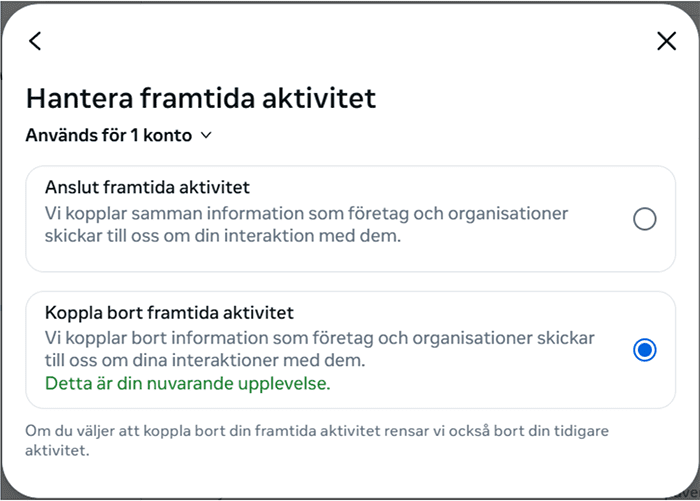 Facebook manage future activity settings.