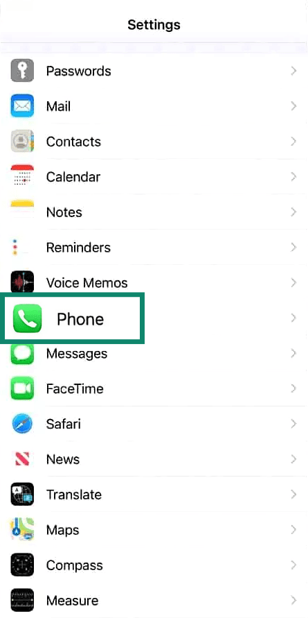  iPhone settings menu, with the “Phone” application option highlighted.