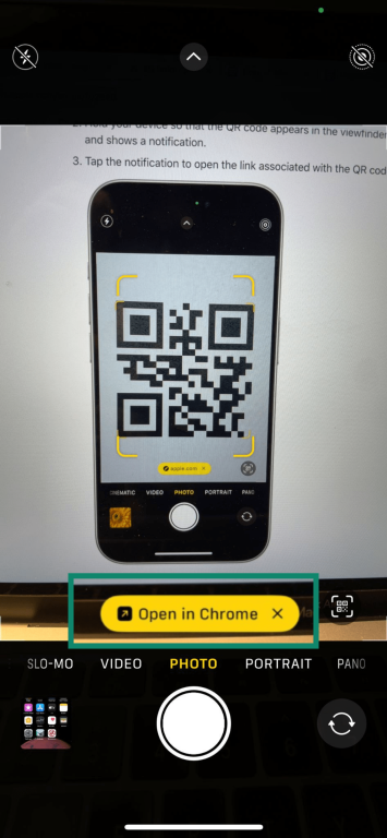 The "Open in Chrome" notification after scanning a QR code with the iPhone Camera app.