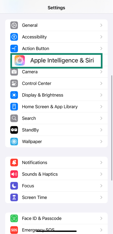 Apple Intelligence & Siri setting on iOS.