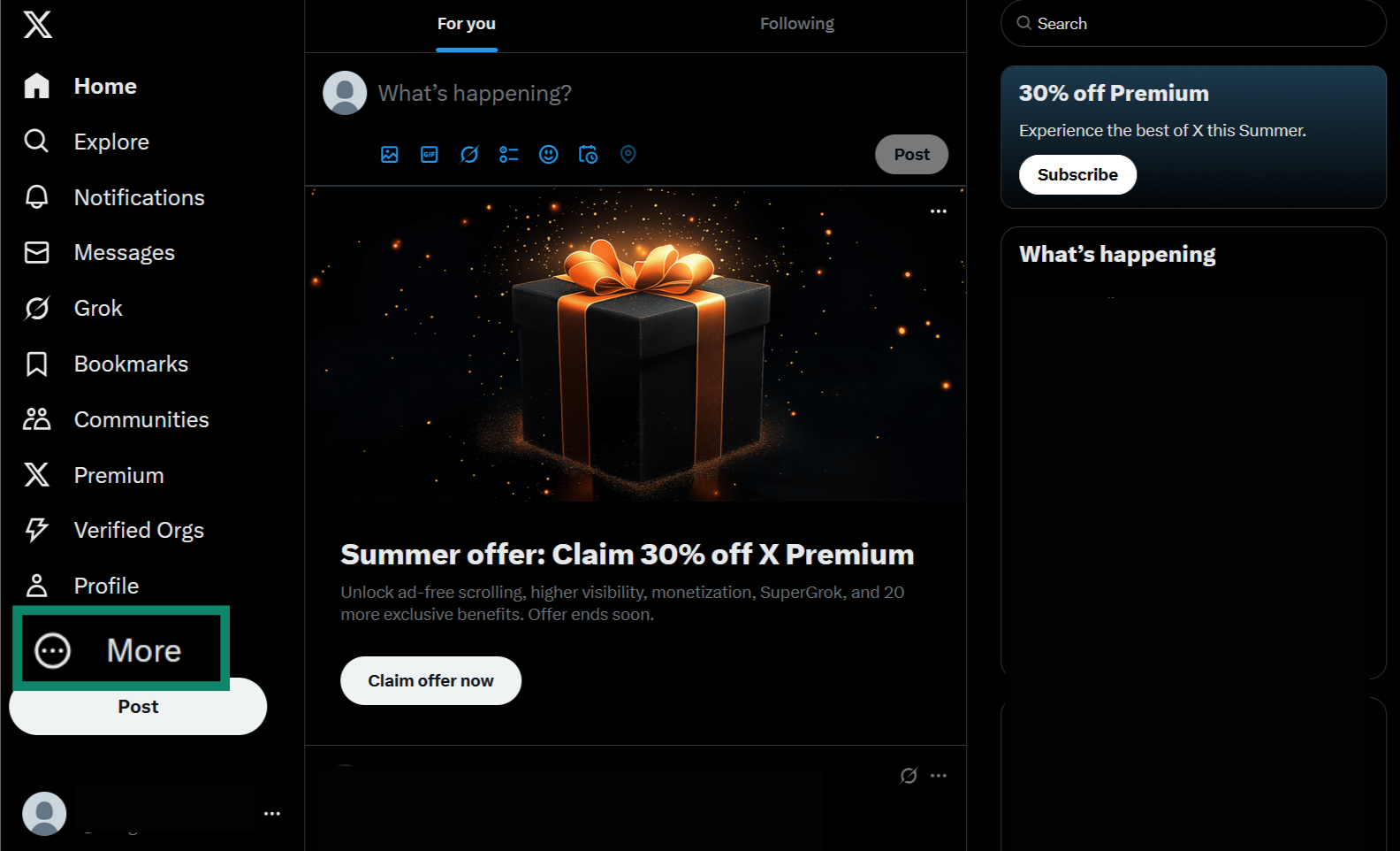 The homepage of the Twitter website, showing the More button.