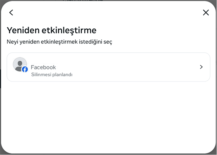 Facebook screen for selecting an additional profile to reactivate.