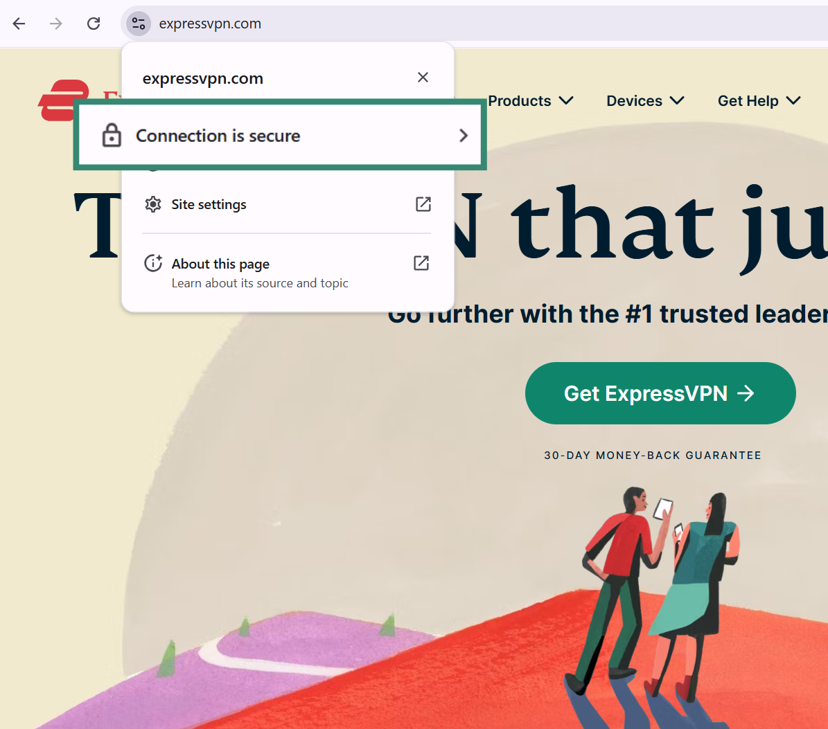 Browser address bar showing a padlock icon for a secure HTTPS connection to the ExpressVPN website.