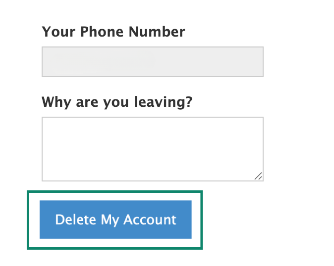 The Telegram "Why are you leaving?" box and the "Delete My Account" button.