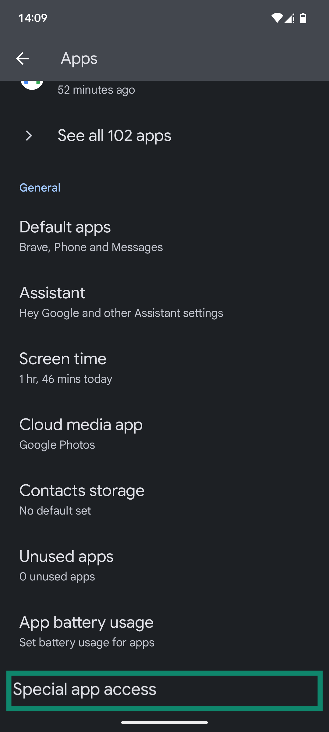 The Apps menu of the Android Settings app, showing the "Special app access" option.