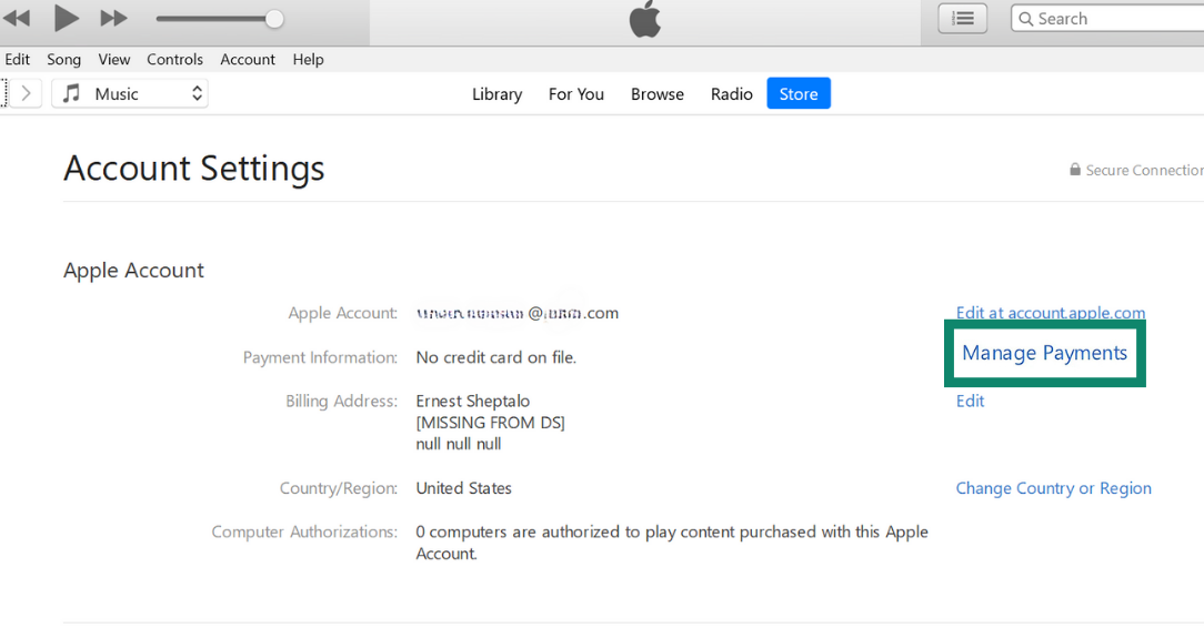 iTunes interface with the "Manage Payments" option highlighted.