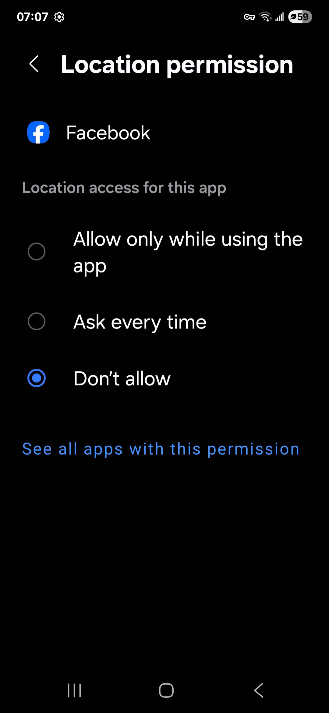 Disabling Facebook mobile app location permissions.