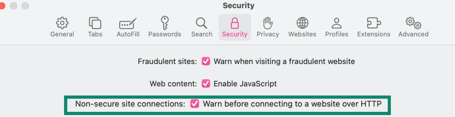 Safari Security settings tab on macOS.