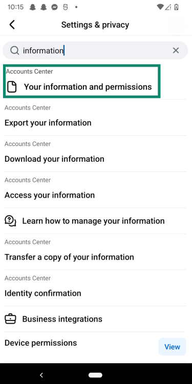 Using the search bar to find the "Your information and permissions" section of Facebook.