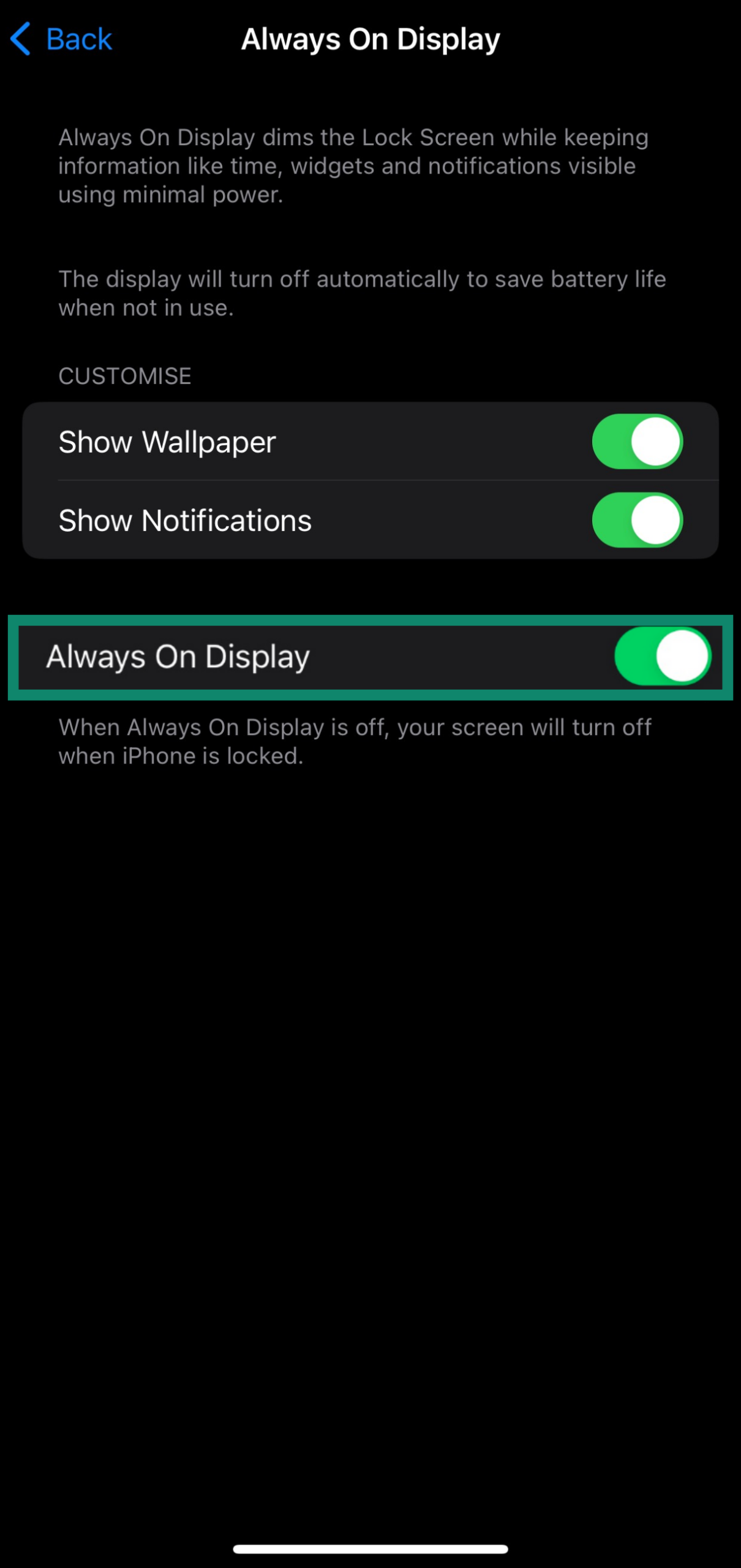 Ensuring the Always On Display is enabled on an iPhone 