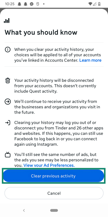 Confirming that you want to clear your Meta activity.