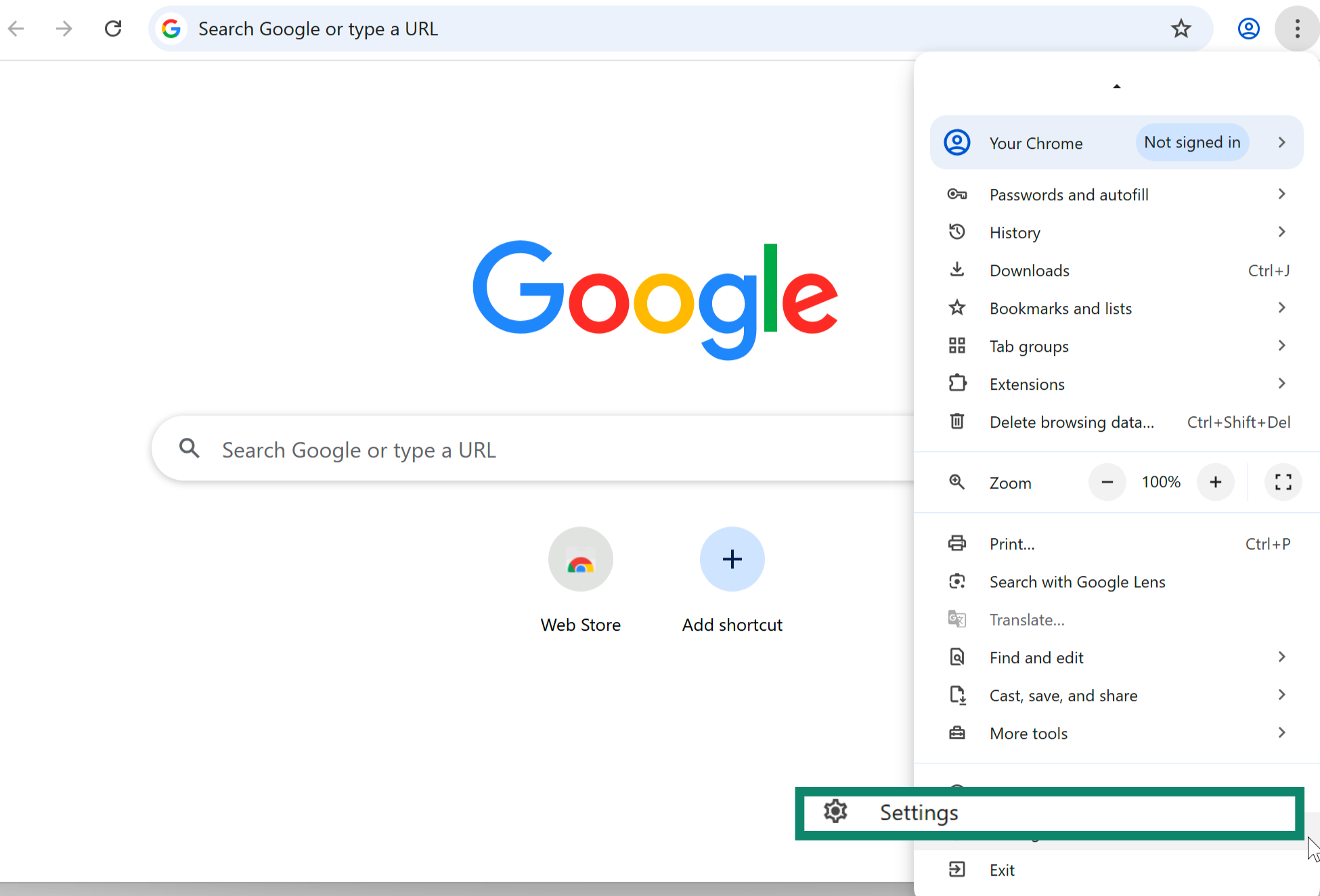 Chrome dropdown menu on Windows with Settings option highlighted.