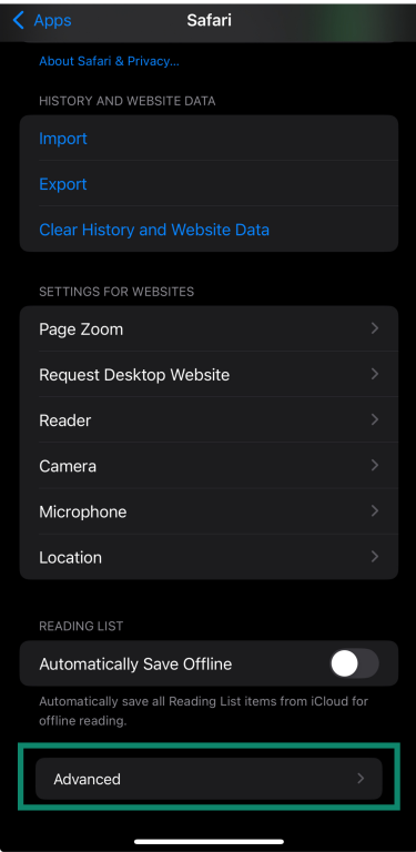 Safari settings on iPhone showing the Advanced option