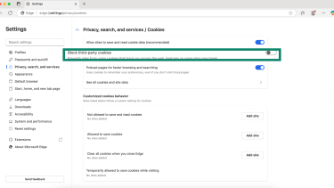 Microsoft Edge cookies settings highlighting Block third-party cookies toggle.
