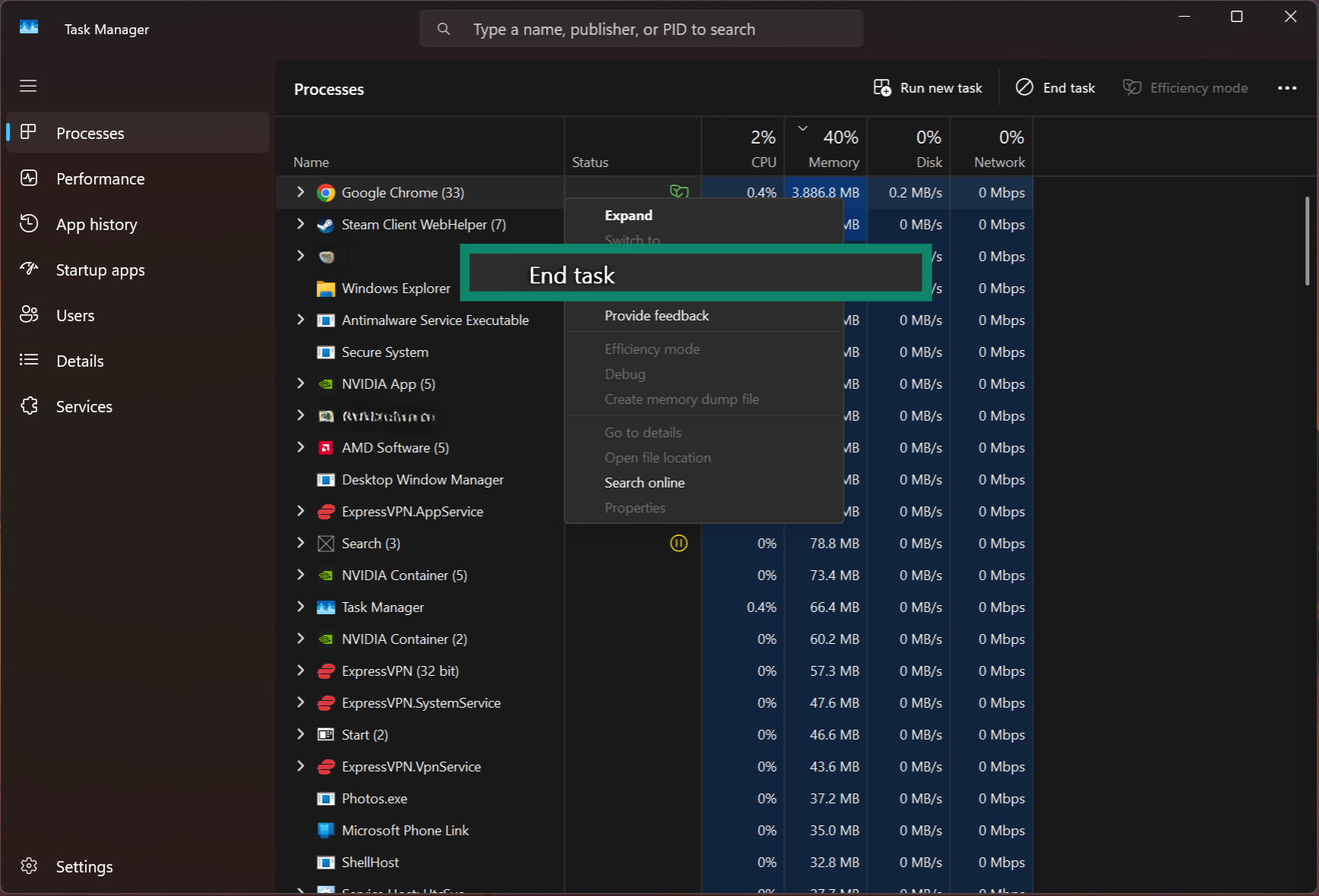 Screen showing End Task option.