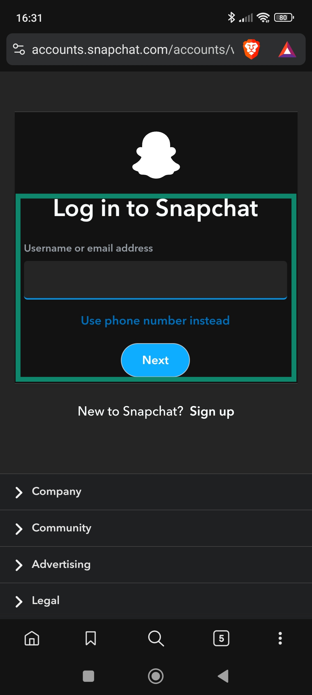 The Snapchat login page on an Android device.