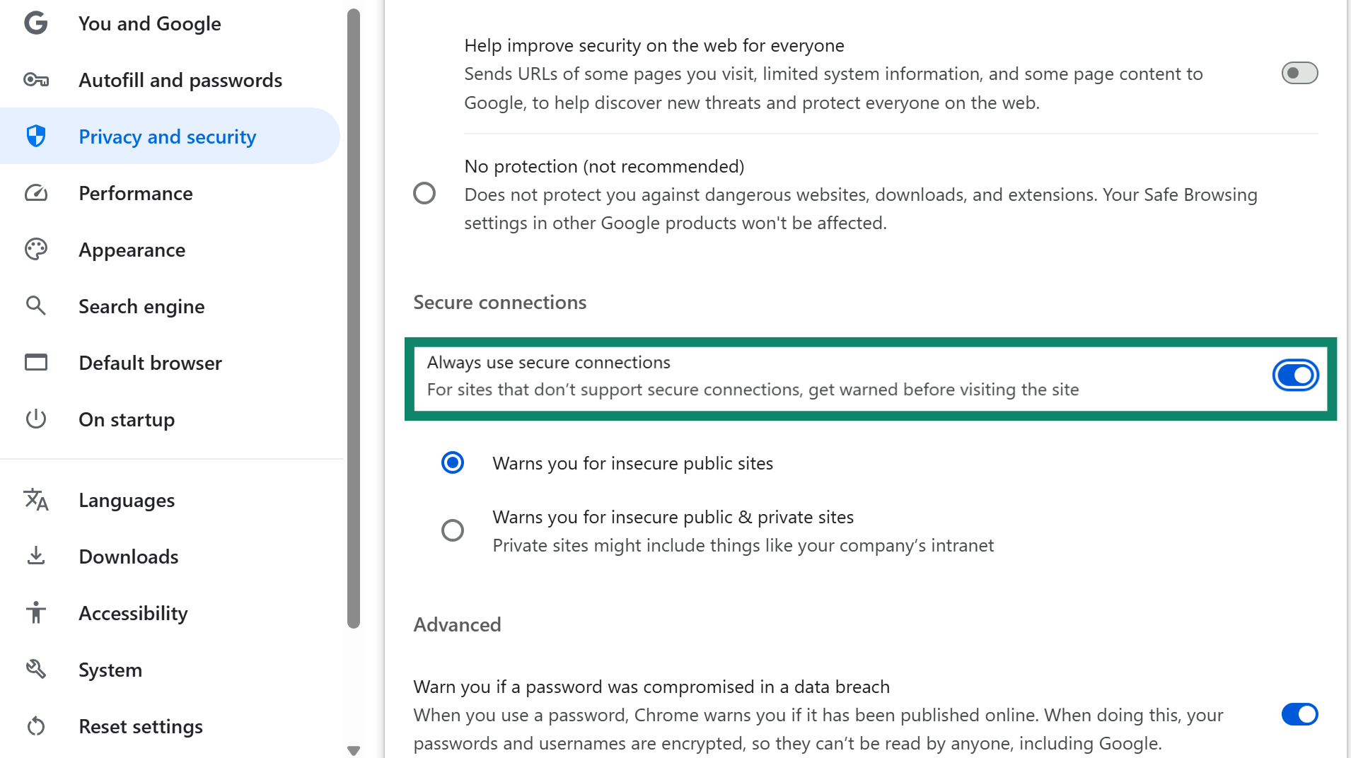 Chrome security settings with Always use secure connections setting enabled.