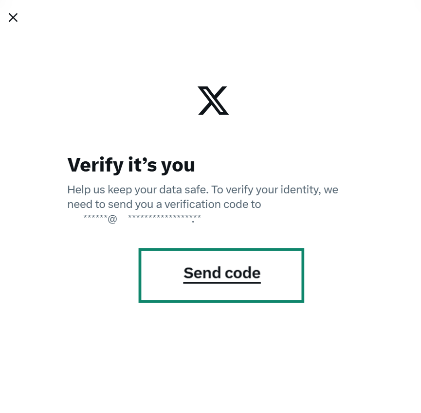 The X identity verification screen titled "Verify it's you," with a "Send code" button to get a verification code.